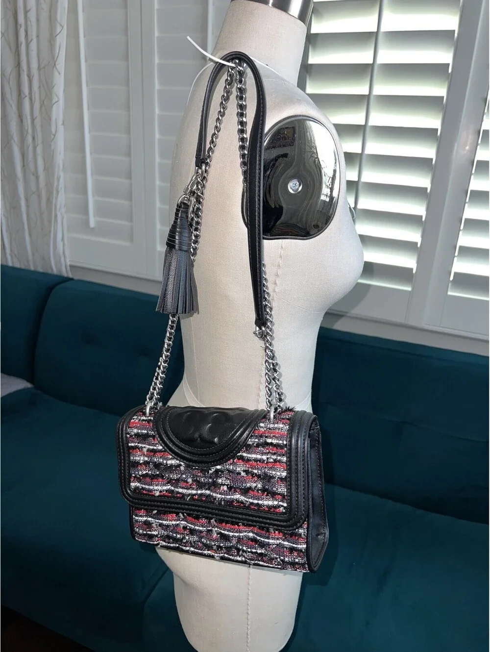TORY BURCH Leather Logo Tweed Chain Crossbody Bag Women Black Tassel Charm